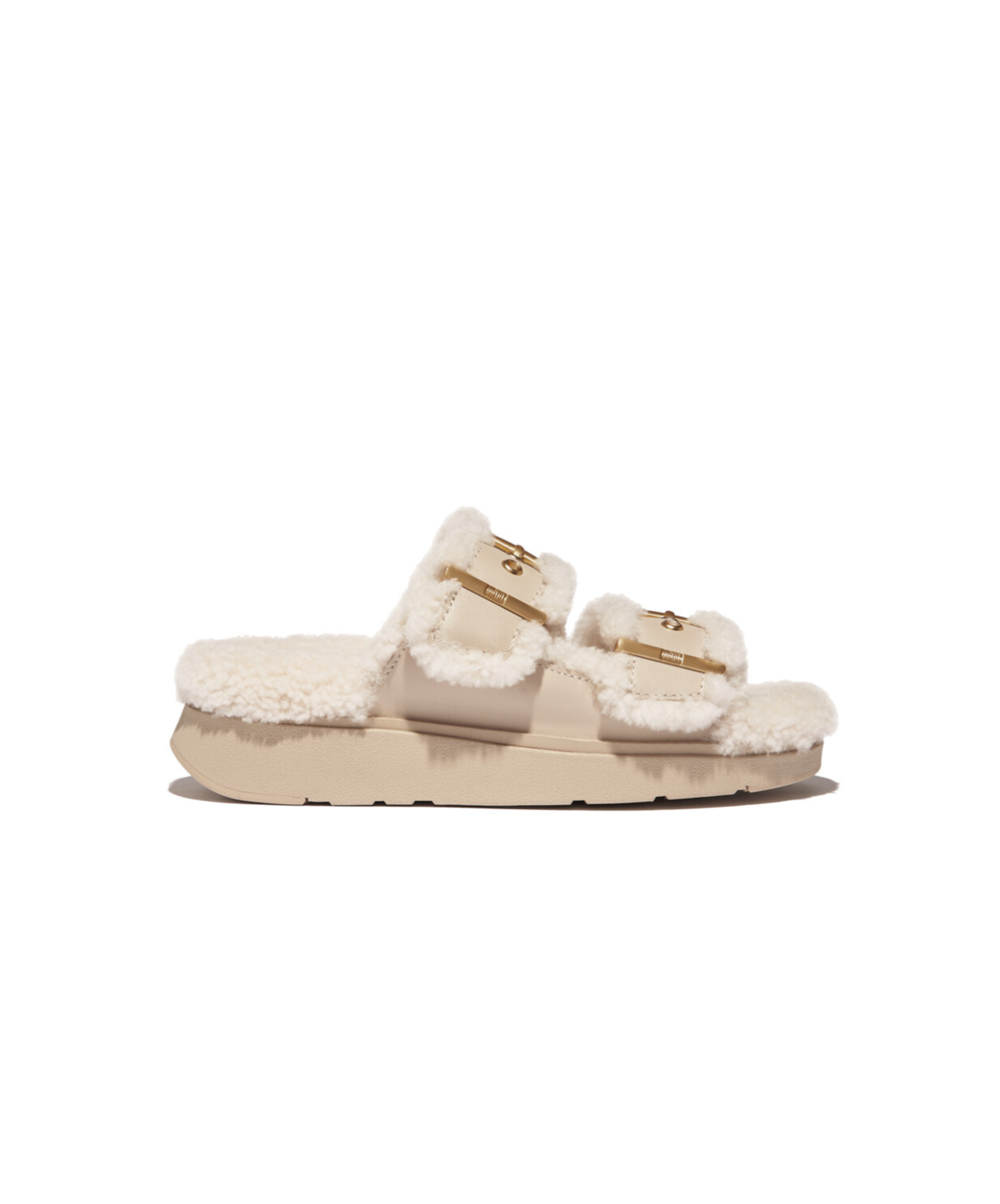 Fitflop Gen-FF Buckle 2 Bar Curly Shearling Leather Slides Stone Beige