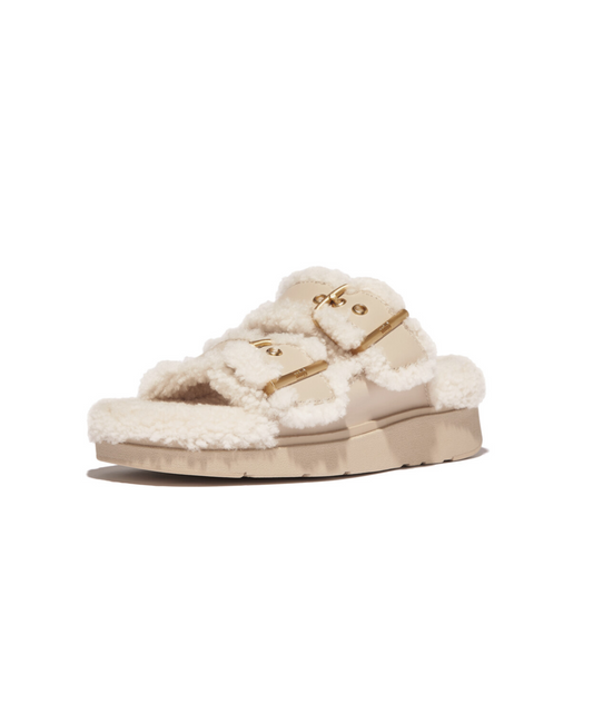 Fitflop Gen-FF Buckle 2 Bar Curly Shearling Leather Slides Stone Beige