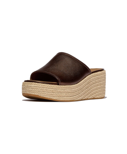 FitFlop Platform Espadrille Leather Wedge Slides Metallic Chocolate Brown