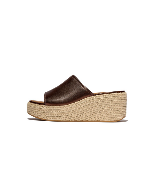FitFlop Platform Espadrille Leather Wedge Slides Metallic Chocolate Brown